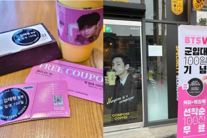 Fans set up a special free coffee event for active duty soldiers in celebration of BTS V’s 100-Day military enlistment anniversary